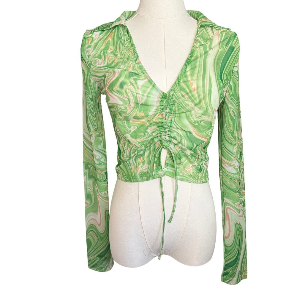 Princess Polly Green Marble Swirl Mesh Wrap Top Long Sleeve Cropped Size